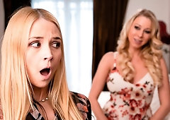 Angelic lesbians Katie Morgan and Sarah Vandella fuck on the sofa