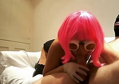 Seductive Japanese babe shows off her latex gloves while giving a sensual blowjob