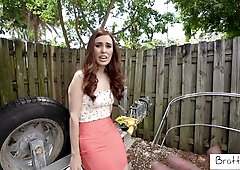 Redheaded seductress Kiki Vidis rides her stepson in the living room until he cums on her face